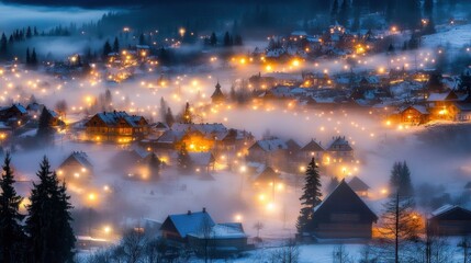 Naklejka premium Cozy Winter Wonderland: A Picturesque Mountain Village at Night