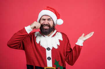 xmas shopping time. prepare gifts and presents. just have fun. happy bearded mature man in santa...
