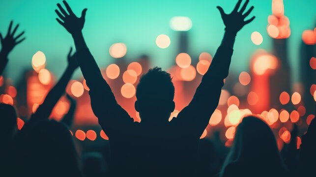 Friends raising hands, enjoying rooftop party with city lights below on new year's eve