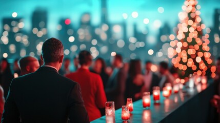 Businessman enjoying christmas party on rooftop with city view
