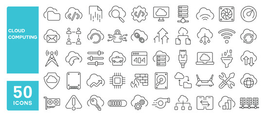Set of 50 line icons related to cloud computing, system, server, hosting, data, exchange, software, database, Editable stroke. Vector illustration