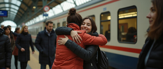 Two young women hugging at a train station, with one smiling happily. Background shows a train, platform, and skylight ceiling, capturing a moment of joy and reunion.