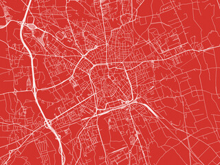 Christmas Map of Udine, Italy in Snowy White on Festive Red Background.