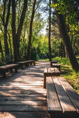 Wooden Walkway Park Benches