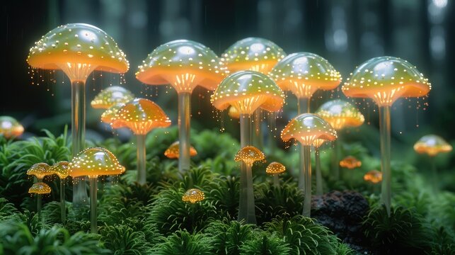 Black background, transparent neon green and gold mushrooms.