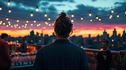 Obraz premium Silhouetted man at rooftop party during sunset, with cityscape and festive lights