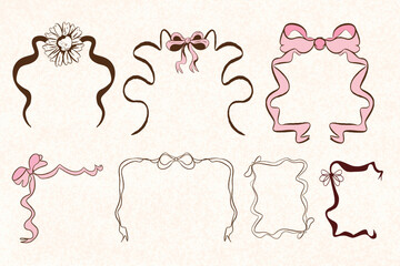 Bow frame, Ribbon bow line art vintage illustration, Coquette frame of ribbons and bow, Vector hand drawn decorative whimsical frames in coquette style, simple elegant hand drawn illustrations of bow 
