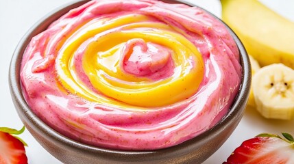 Delicious Pink Yellow Smoothie Bowl Strawberry Banana Mango Dessert