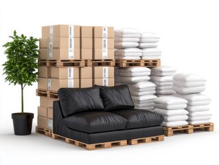 Organized stacks of white bags wrapped in plastic placed on wooden pallets, inside a clean and modern warehouse environment.  .