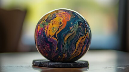 A mesmerizing globe with swirling vibrant colors showcasing abstract patterns, capturing the essence of creativity and artistry in a spherical form.