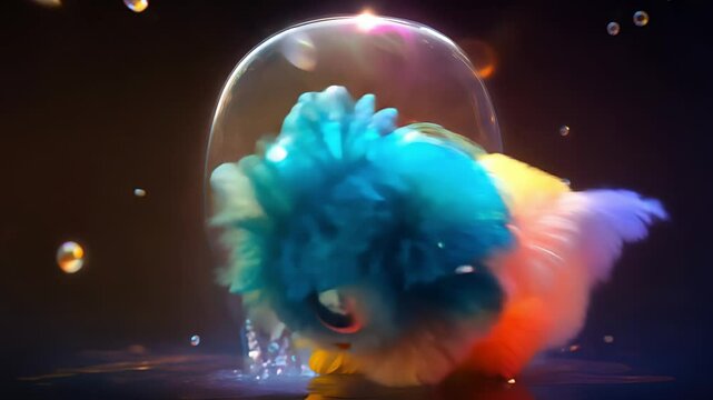 Cute colorful fluffy monster inside a transparent bubble with magical glowing sparks. Created with generative AI