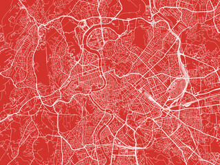 Christmas Map of Roma, Italy in Snowy White on Festive Red Background.