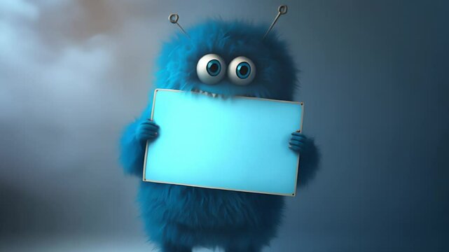Cute cartoon monster character holding a blank sign. Created with generative AI.	