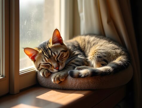 A cat rests peacefully on a cushion on a window sill, with natural light streaming in from outside - Powered by Adobe
