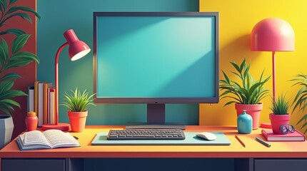 3)	A vibrant home office scene showcasing a modern desk with sleek lines, adorned with stylish accessories like a decorative lamp, potted plants, and organized stationery. The bright colors and contem