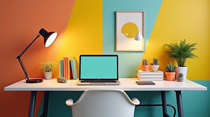 3)	A vibrant home office scene showcasing a modern desk with sleek lines, adorned with stylish accessories like a decorative lamp, potted plants, and organized stationery. The bright colors and contem