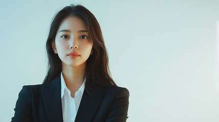 Confident Businesswoman Portrait:  A young Asian businesswoman with a serious expression, arms crossed, exudes confidence and professionalism.