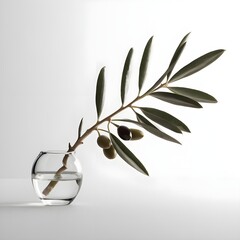 The image showcases a delicate olive branch elegantly arranged in a small, transparent round vase filled with water. The branch features slender green leaves, some elongated and others slightly curved