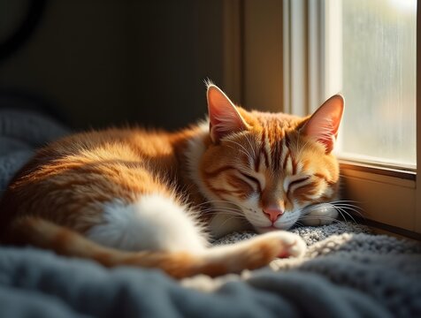 A cat rests peacefully on a cushion on a window sill, with natural light streaming in from outside