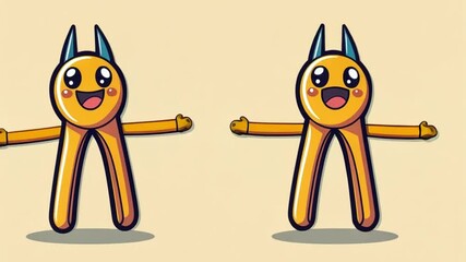 Two cartoon hand grip exercise tools with big smiles and horns.