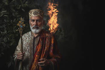 Naklejka premium Indian shaman with a staff and fire in nature.