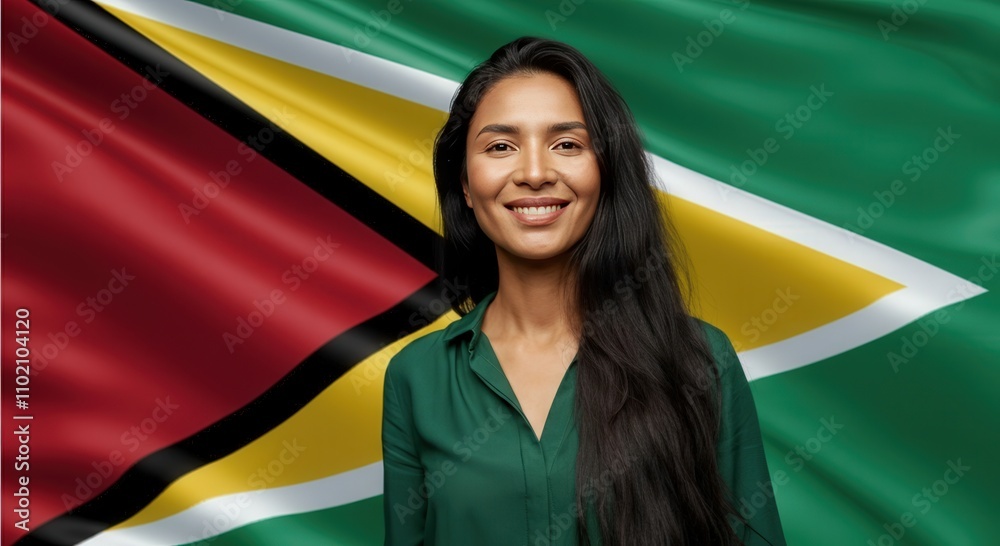 Wall mural Portrait of a smiling woman against a waving guyana flag background