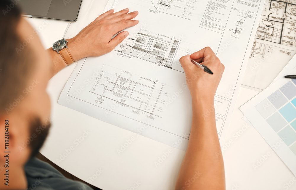 Poster Office, architecture and person with blueprint for drawing, planning or project management for business. Career, employee and man architect by above with floor plan, building design or sketch process