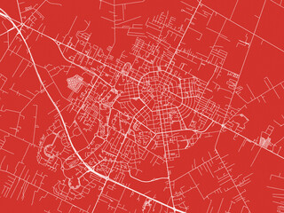 Christmas Map of Latina, Italy in Snowy White on Festive Red Background.