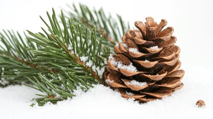 Fototapeta premium Single pine cone with snow effect on a white backdrop