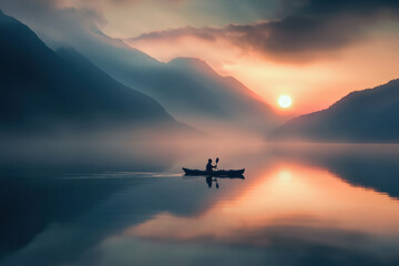 Kayaker on Serene Mountain Lake at Sunrise