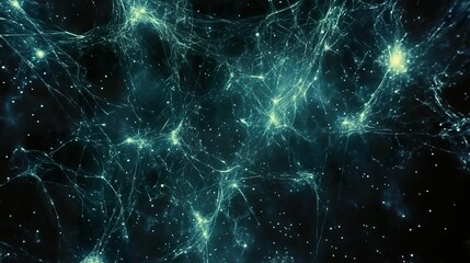 Abstract teal neural network, glowing nodes and connections.