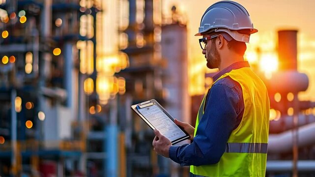 An architect in a hard hat and safety vest looks over a clipboard in front of a large industrial facility.