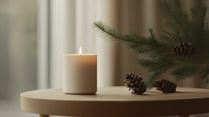 Warm Christmas candle with minimal holiday decor
