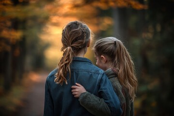 Fototapeta premium Two Young Girls Embracing in a Serene Autumn Forest, Warm Colors of Fall Leaves Creating a Beautiful Backdrop for Friendship and Connection
