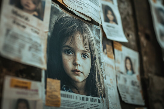A wall covered with missing children posters, each featuring a child's photo and details.