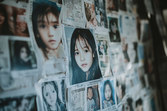 A wall covered with missing children posters, each featuring a child's photo and details.
