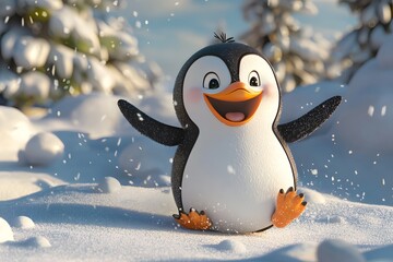 A cute cartoon penguin wearing a red Christmas hat waddles through the snowy Antarctic landscape