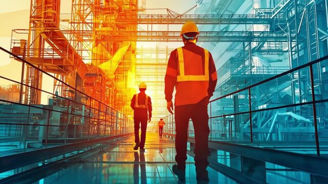 Industrial workers walk on a walkway in a factory setting, their silhouettes cast against a vibrant orange and blue backdrop.