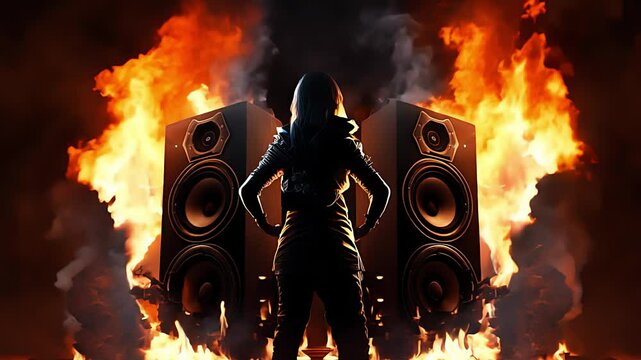 speakers surrounded by fire, burning speaker. Created with generative AI.