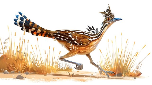 A cute roadrunner with speedy legs, running across the desert on a white background 