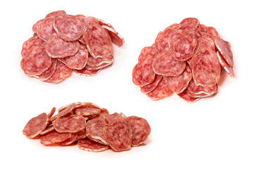 Tasty salami slices isolated on a white background.