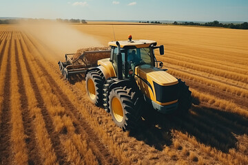 Naklejka premium Cultivation of the field by tractors after harvesting.