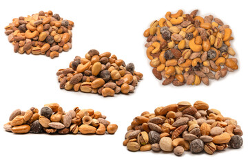 A group of almonds, pistachios, walnuts, macadamia, cashews.