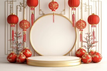 Festive promotional podium with white and gold base and red lantern accents