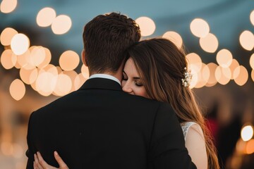 Bride embracing groom at night wedding reception with bokeh lights