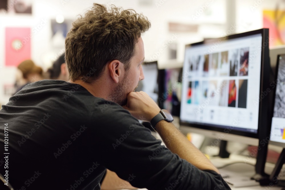 Fototapete focused young man working on creative project at computer in modern office environment with various 