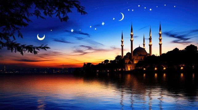 Majestic Mosque Silhouette Reflected in Serene Lake at Dusk
