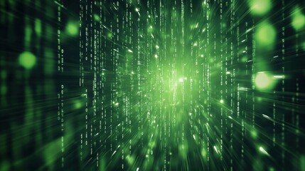 A vibrant display of green binary data flows in a digital environment