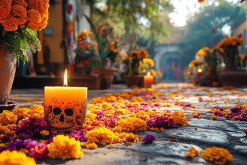 A beautifully adorned street with vibrant marigold petals and intricately designed candle creating a festive atmosphere in an outdoor setting.