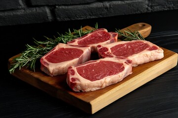 Raw Meat and Steak on Wooden Board with Butcher s Knife and Rustic Brick Wall